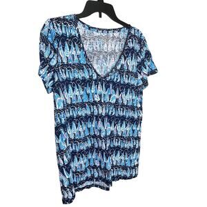 Lilly Pulitzer Cotton Sails and Stripes Top V-Neck Short Sleeve Blue Womens Sz L